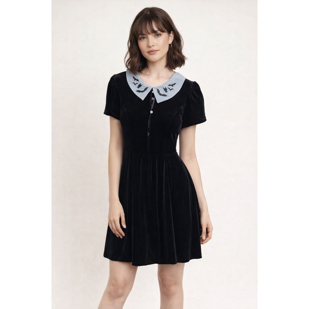Hell Bunny Graveyard Cemetery‎ Wednesday Black Velvet Dress Goth Grunge EUC XS